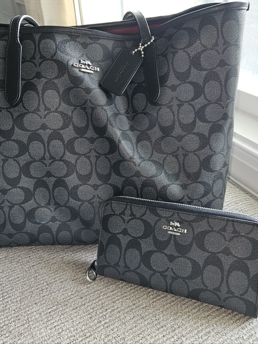 Coach Black Signature Jacquard Tote with Matching Zip Wallet
